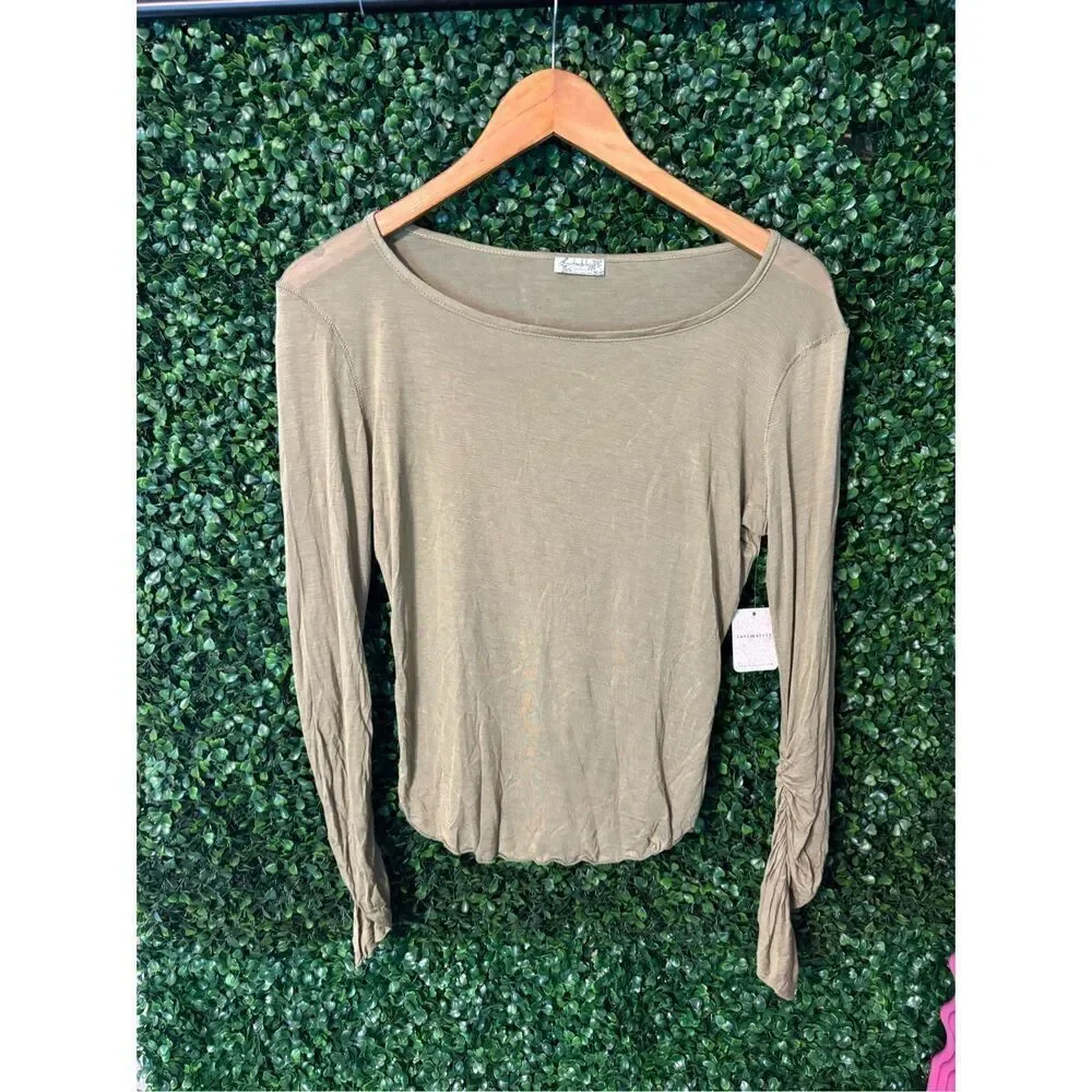 Free People Green Sheer Top Sz XS Ruched Sleeves NWT